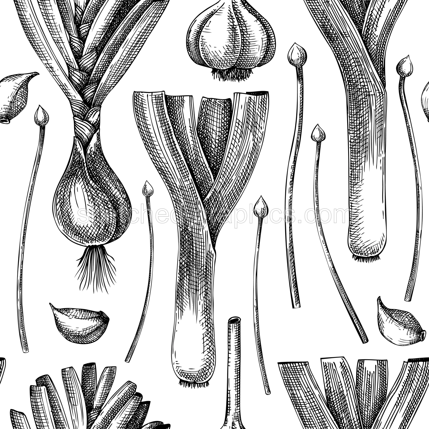 Fresh leek sketch background. Hand-sketched Vegetable seamless pattern. Healthy food plant. Vector drawing of raw cultivated onion, leek, garlic, chives. For grocery, packaging, recipes, menus design. Illustration